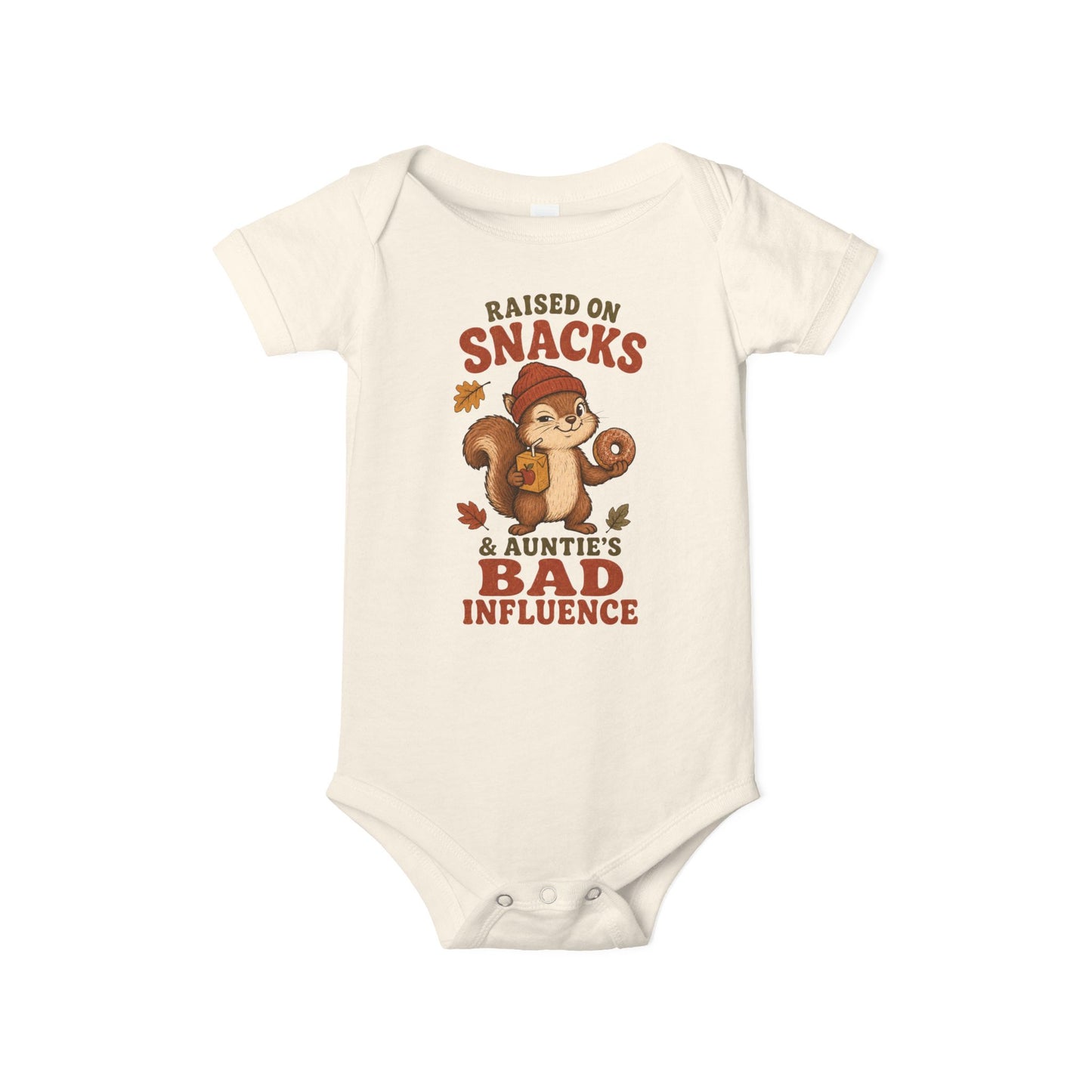 baby one piece featuring a squirrel holding a donut and juice box with autumn leaves and the phrase “Raised on Snacks & Auntie’s Bad Influence,” hanging at a rustic apple orchard in natural color 