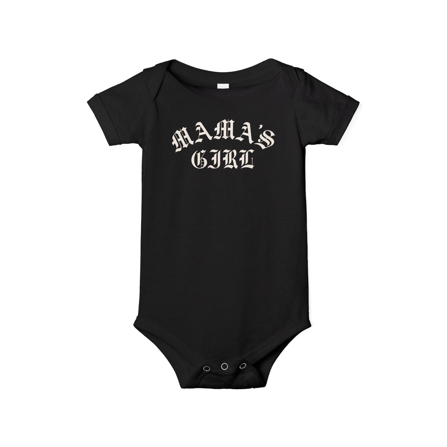Black Bella + Canvas 100B infant one piece featuring a white “Mama’s Girl” gothic-style graphic for trendy baby girl outfits, edgy streetwear-inspired baby fashion, and stylish baby shower gifts.