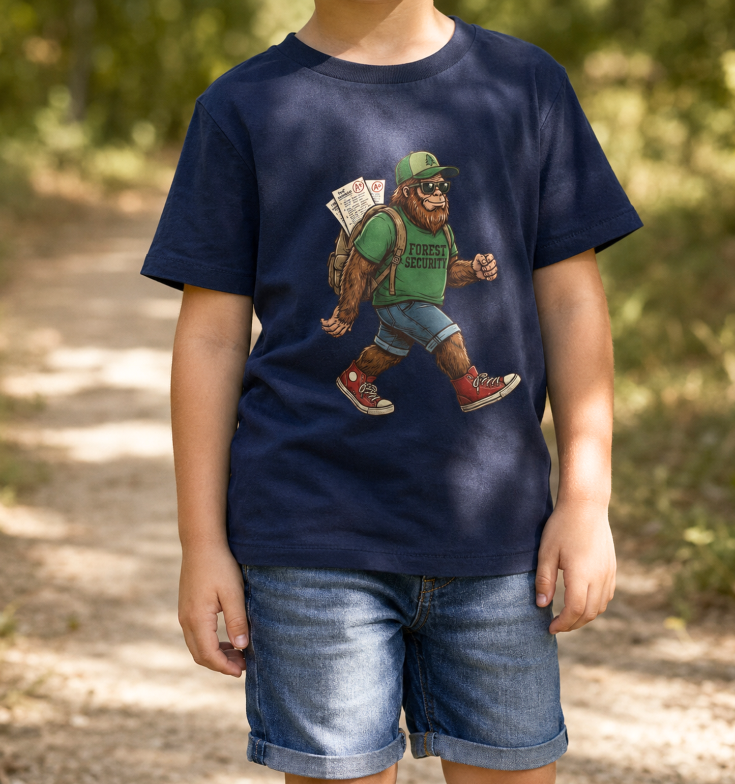 funny Bigfoot "Forest Security" graphic. The design shows Sasquatch hiking through the woods wearing sunglasses, a green Forest Security shirt, shorts, red sneakers, and a backpack filled with report cards. A fun youth graphic tee perfect for little adventurers, nature lovers, Bigfoot fans, hiking, camping, and back-to-school outfits.