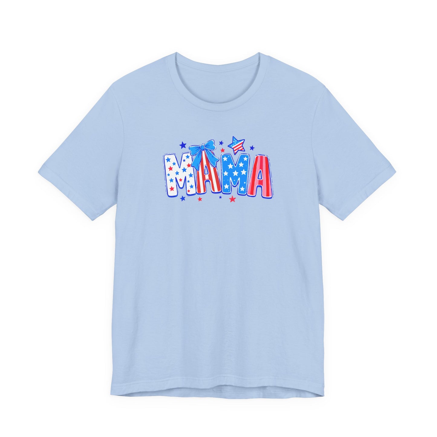 Adult Bella + Canvas baby blue t-shirt featuring a playful patriotic “MAMA” graphic with red, white, and blue stars, striped lettering, and a blue bow accent in a cute Fourth of July inspired design.