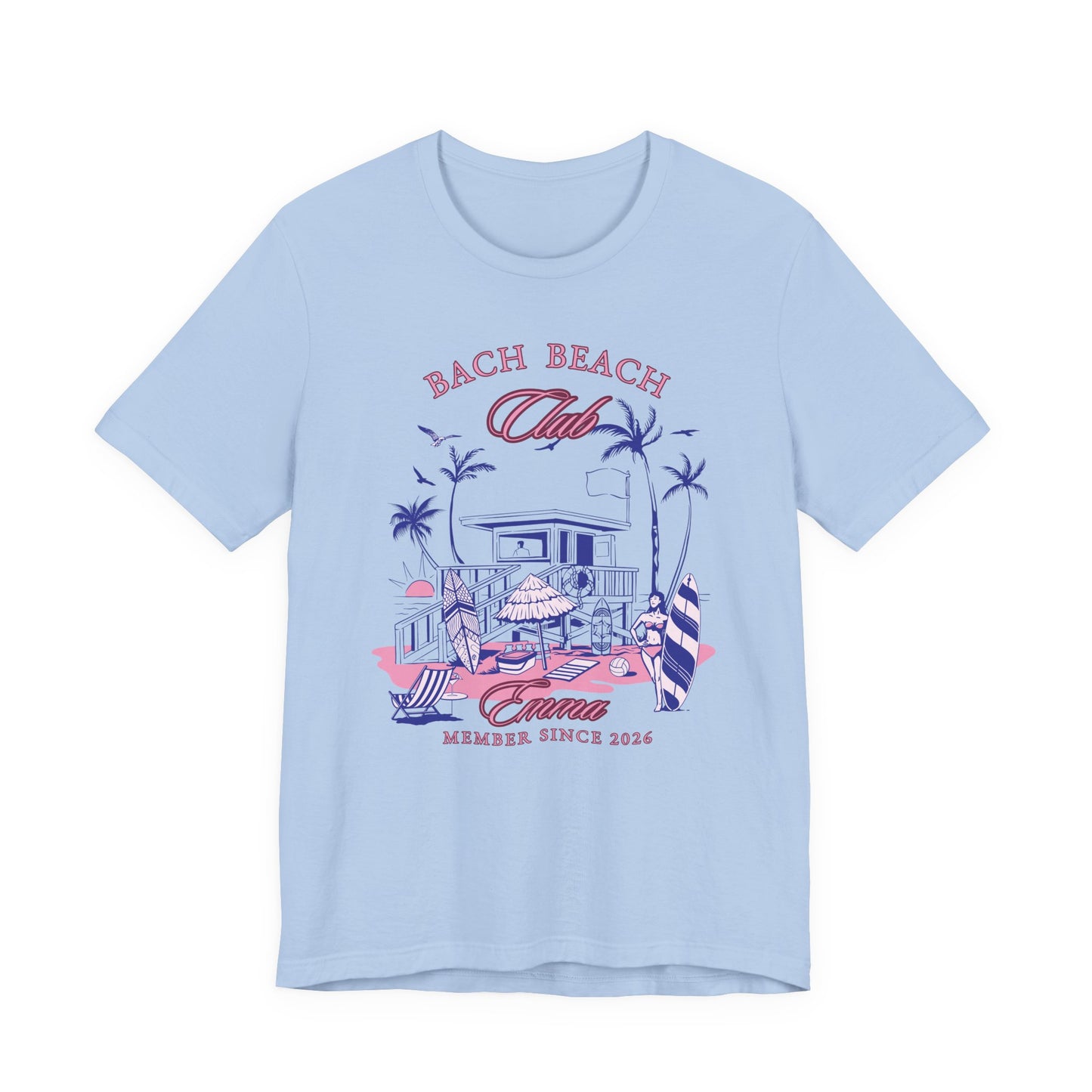 Personalized Bella + Canvas 3001 t-shirt in baby blue featuring a retro beach bachelorette party design with palm trees, surfboards, beach house artwork, custom name text, and “Bach Beach Club Member Since 2026” wording in pink and purple tropical lettering.