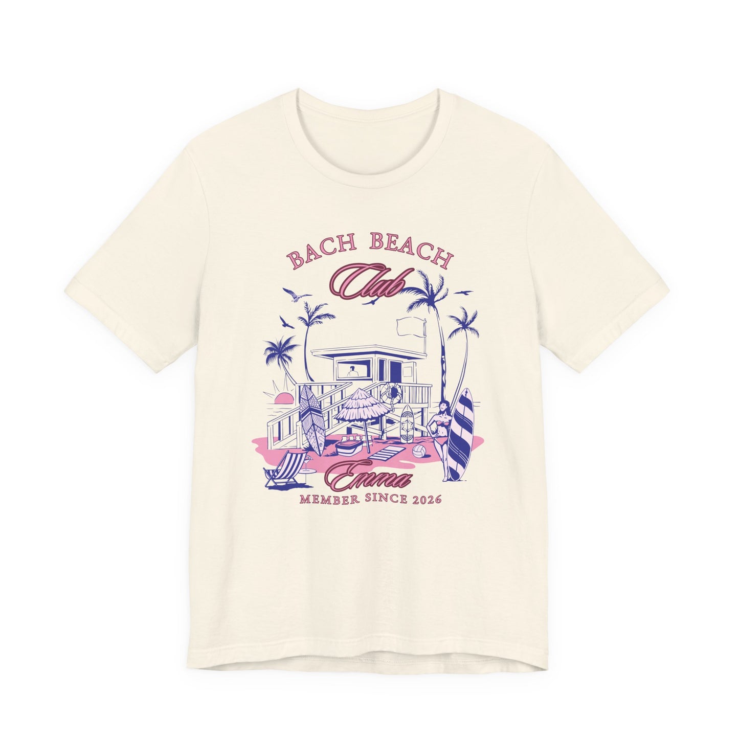 Personalized Bella + Canvas 3001 t-shirt in natural featuring a retro beach bachelorette party design with palm trees, surfboards, beach house artwork, custom name text, and “Bach Beach Club Member Since 2026” wording in pink and purple tropical lettering.