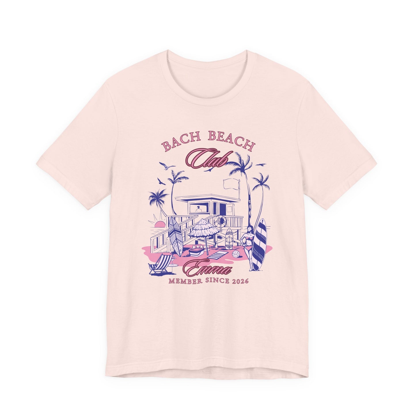 Personalized Bella + Canvas 3001 t-shirt in soft pink featuring a retro beach bachelorette party design with palm trees, surfboards, beach house artwork, custom name text, and “Bach Beach Club Member Since 2026” wording in pink and purple tropical lettering.