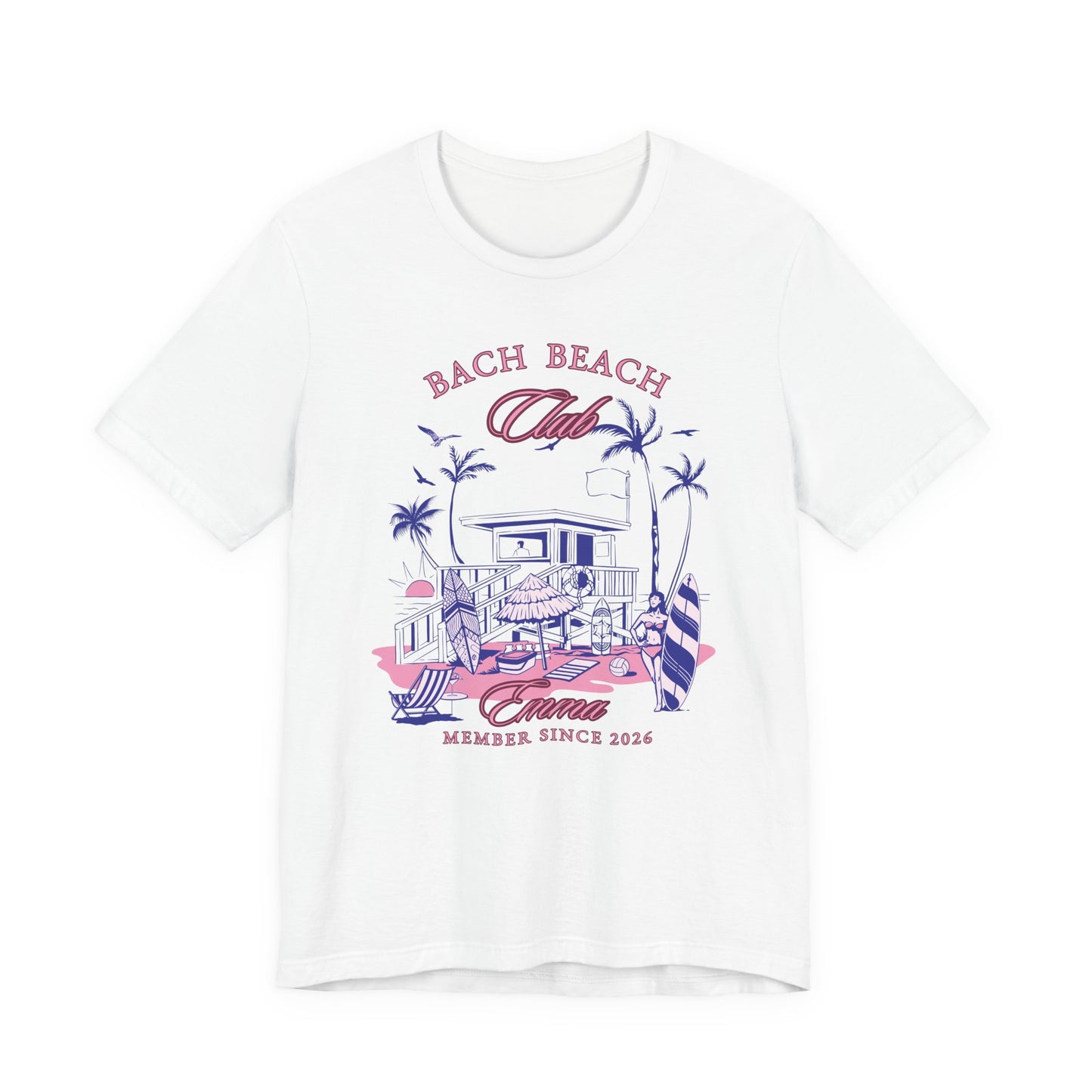 Personalized Bella + Canvas 3001 t-shirt in white featuring a retro beach bachelorette party design with palm trees, surfboards, beach house artwork, custom name text, and “Bach Beach Club Member Since 2026” wording in pink and purple tropical lettering.