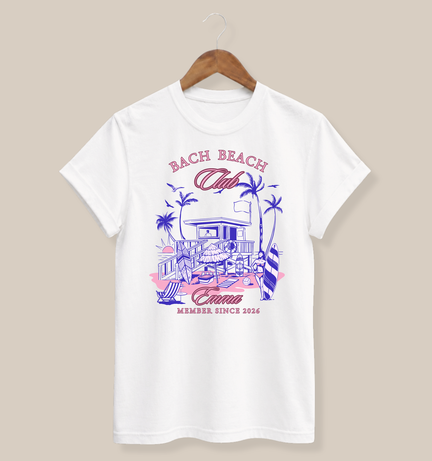 Personalized Bella + Canvas 3001 t-shirt in white featuring a retro beach bachelorette party design with palm trees, surfboards, beach house artwork, custom name text, and “Bach Beach Club Member Since 2026” wording in pink and blue tropical lettering.