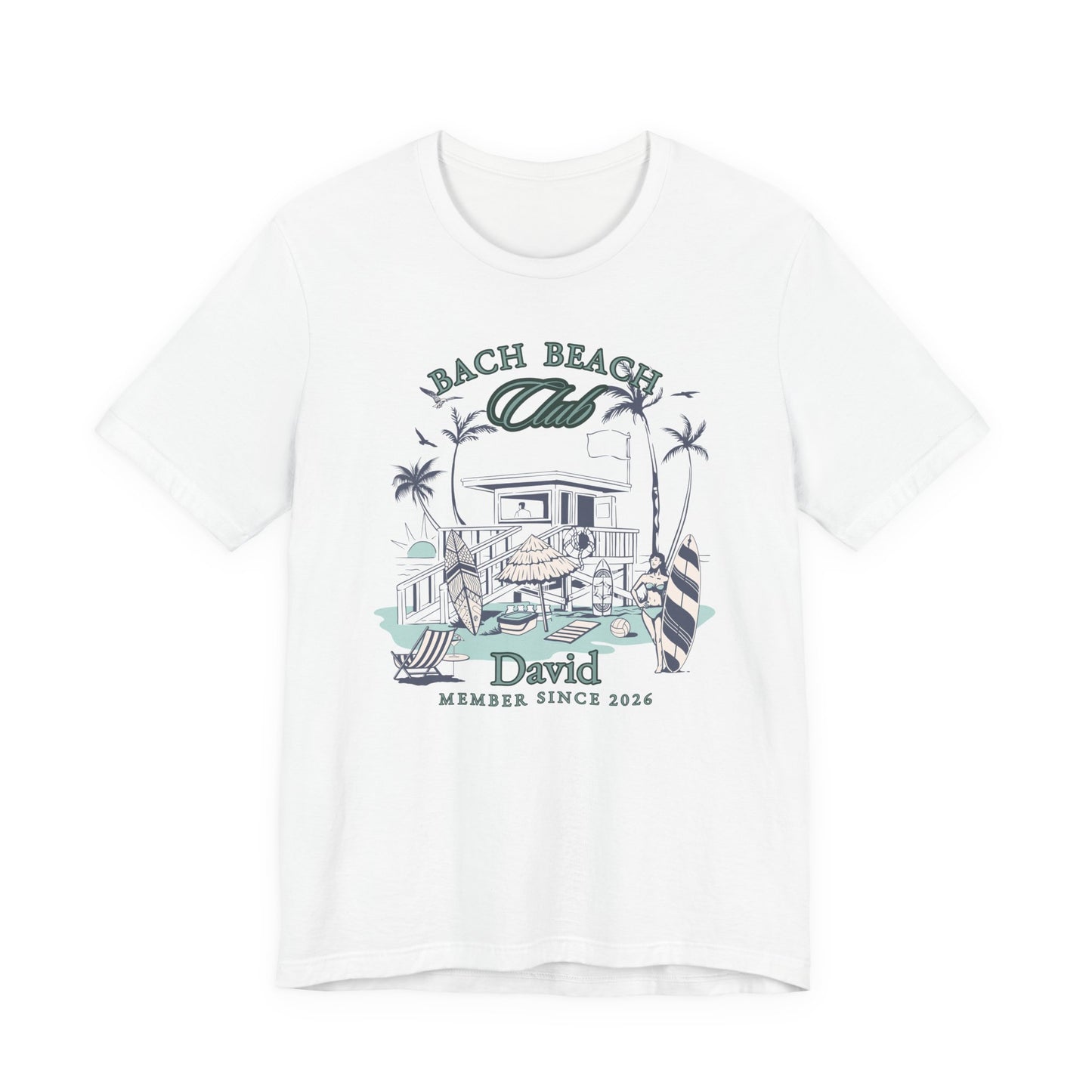 Personalized Bella + Canvas 3001 t-shirt in white featuring a retro beach bachelor party design with palm trees, surfboards, beach house artwork, custom name text, and “Bach Beach Club Member Since 2026” wording in coastal green and blue lettering.