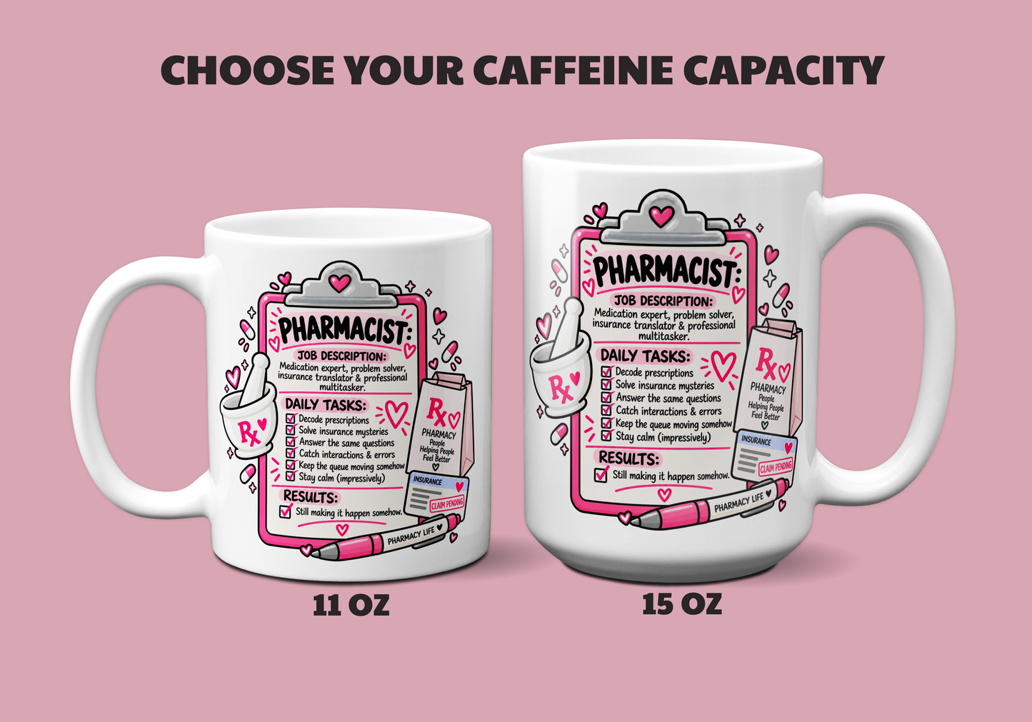 Two white ceramic mugs with pink and black cartoon-style 'Pharmacist' job descriptions, shown on a pink background with the text 'CHOOSE YOUR CAFFEINE CAPACITY' above them. One mug is labeled 11 OZ and the other 15 OZ.