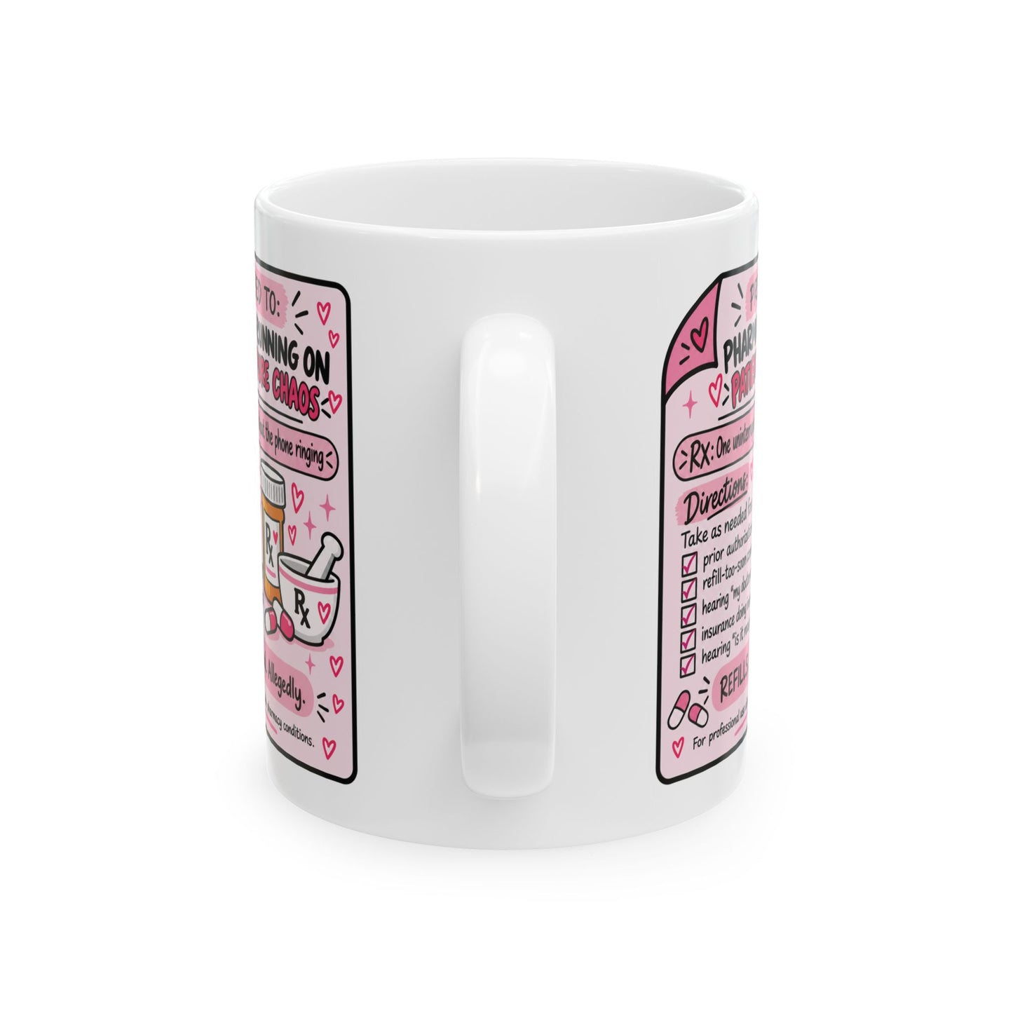 A white ceramic mug with a pink and black medical-themed graphic print, showing the side panels of the mug against a white background.