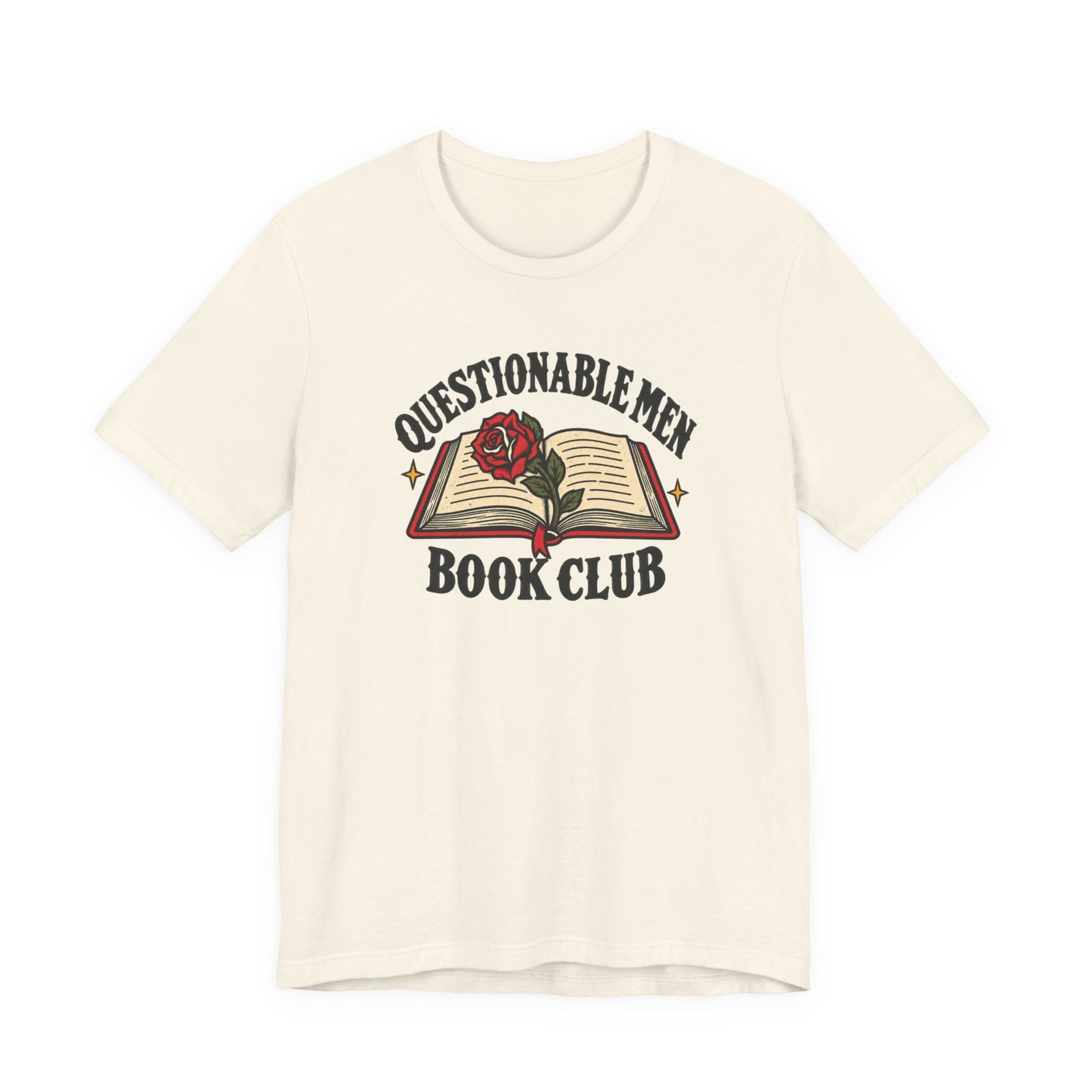 Natural classic fit tee featuring a tattoo-inspired Questionable Men Book Club design with an open book, red rose, and vintage lettering.