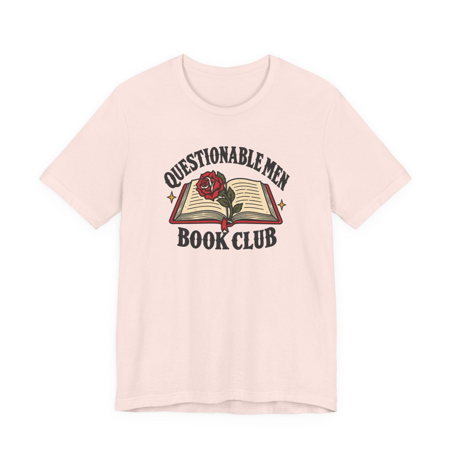 Soft pink classic fit tee displaying a vintage-style Questionable Men Book Club design for romance readers and book lovers.