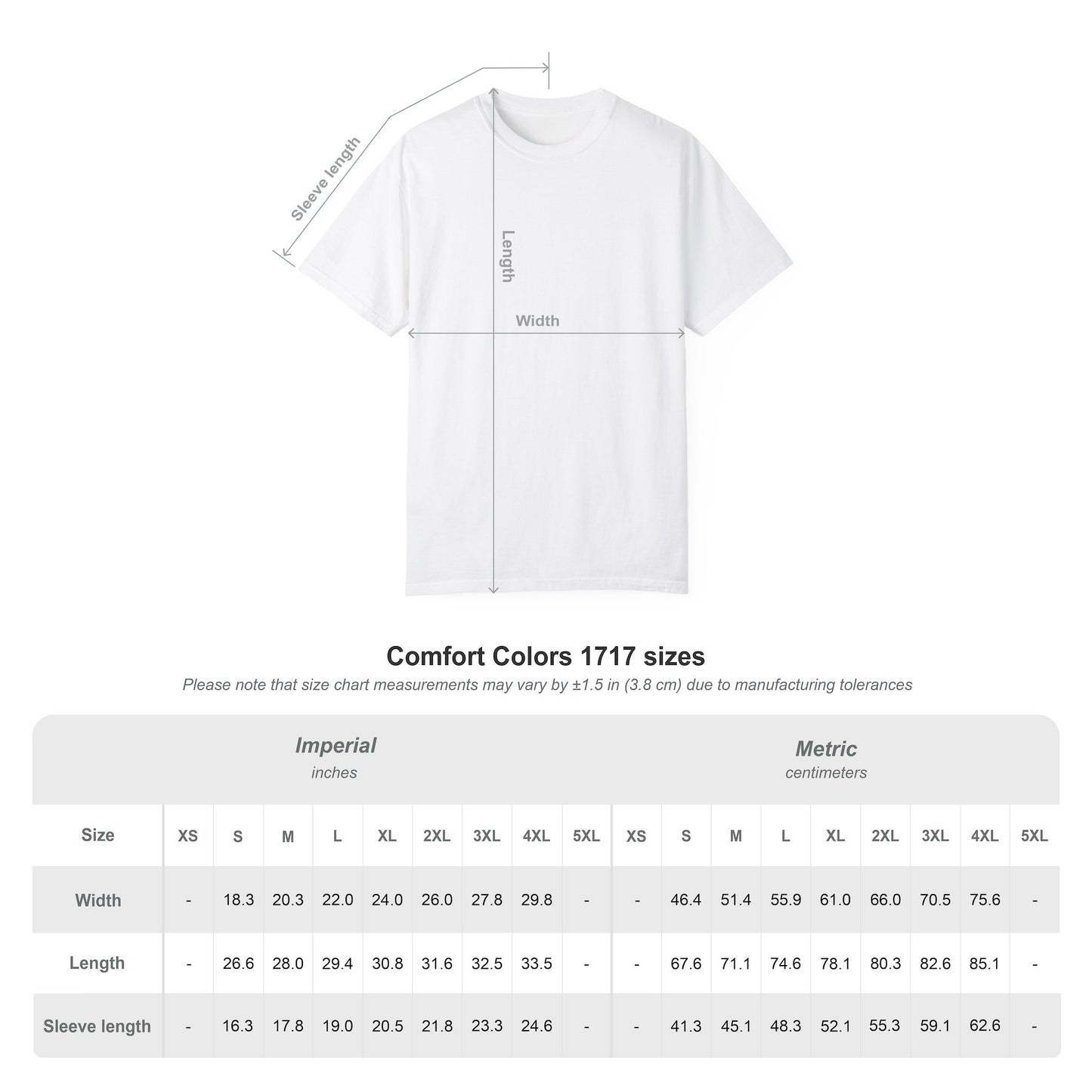 size chart for Comfort Colors 1717 Shirt