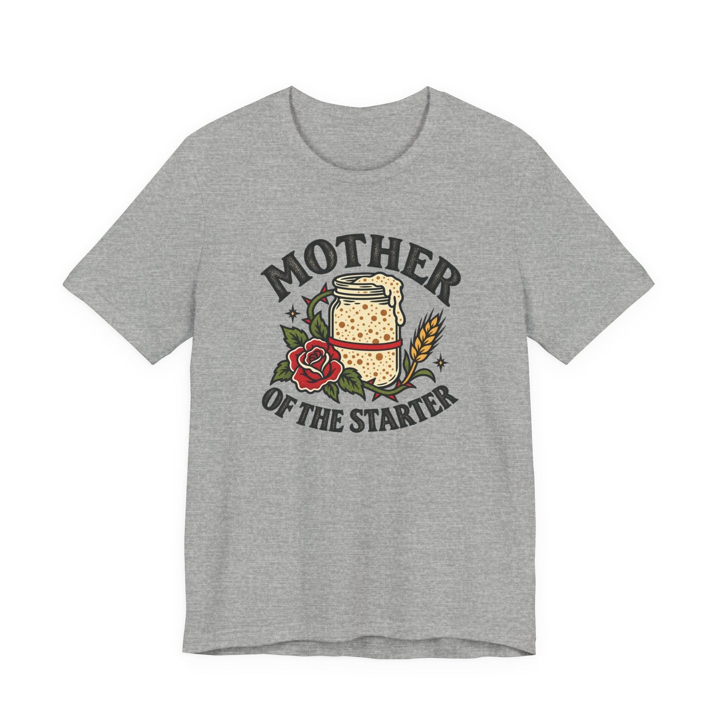 Athletic heather classic fit T-shirt with a retro Mother of the Starter graphic for sourdough bakers and bread lovers.