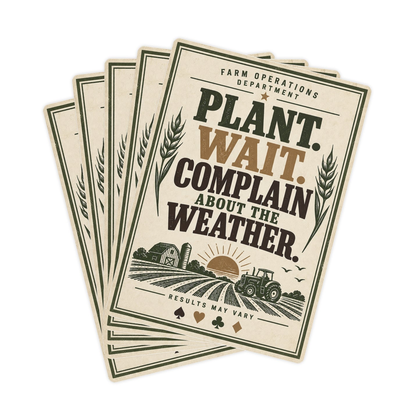 A fan of cream-colored cards or inserts with a vintage farm illustration and the text 'PLANT. WAIT.