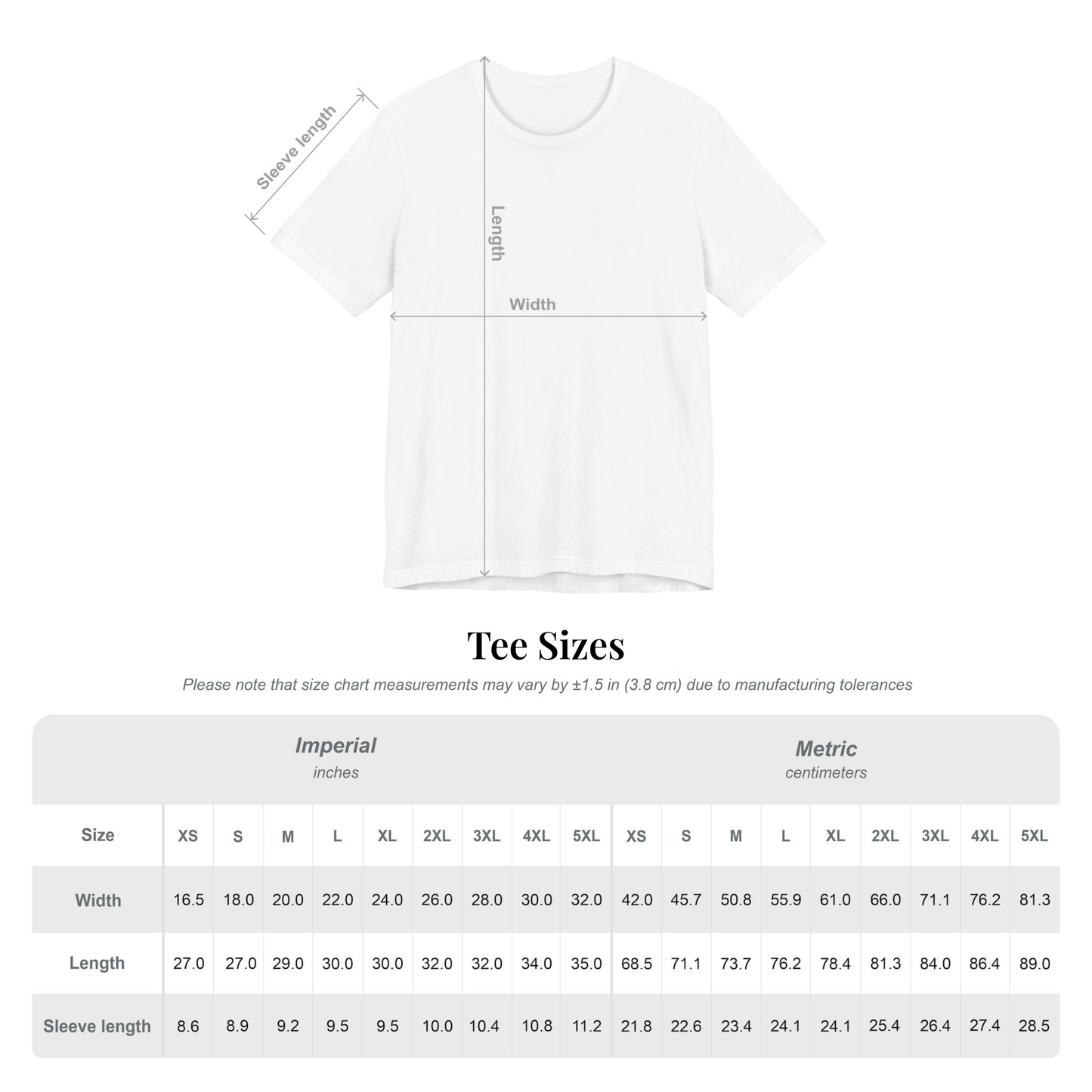 Unisex T-shirt size chart with width, length, and sleeve measurements in inches and centimeters.