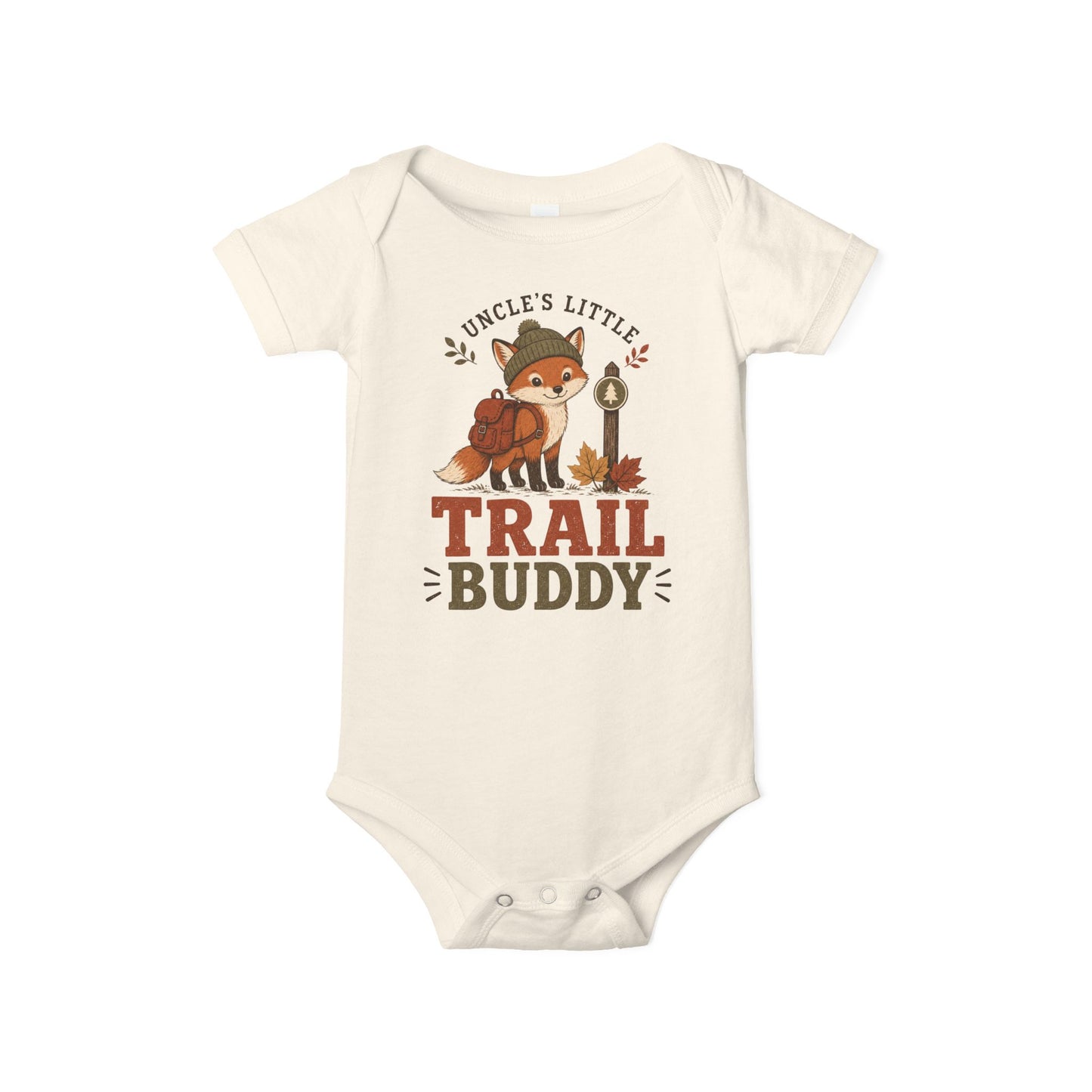 Natural color baby one piece featuring a backpack-wearing fox, autumn leaves, and the phrase “Uncle’s Little Trail Buddy.”