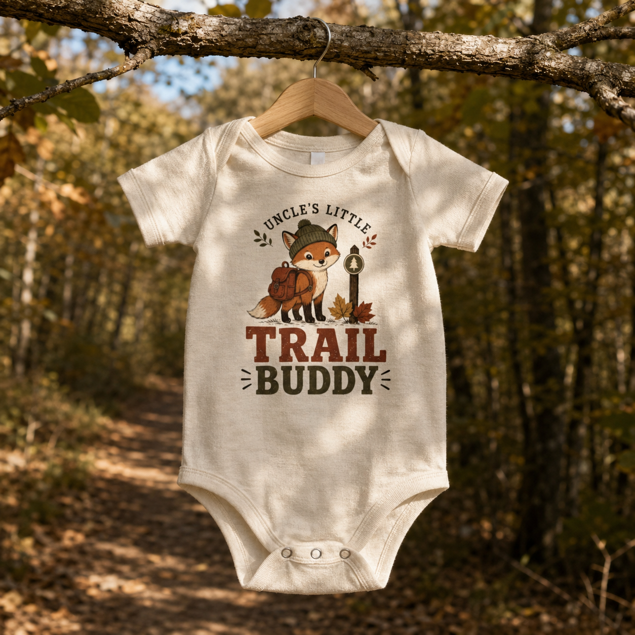 Natural baby one piece featuring a backpack-wearing fox, autumn leaves, and the phrase “Uncle’s Little Trail Buddy,” hanging along a wooded trail.
