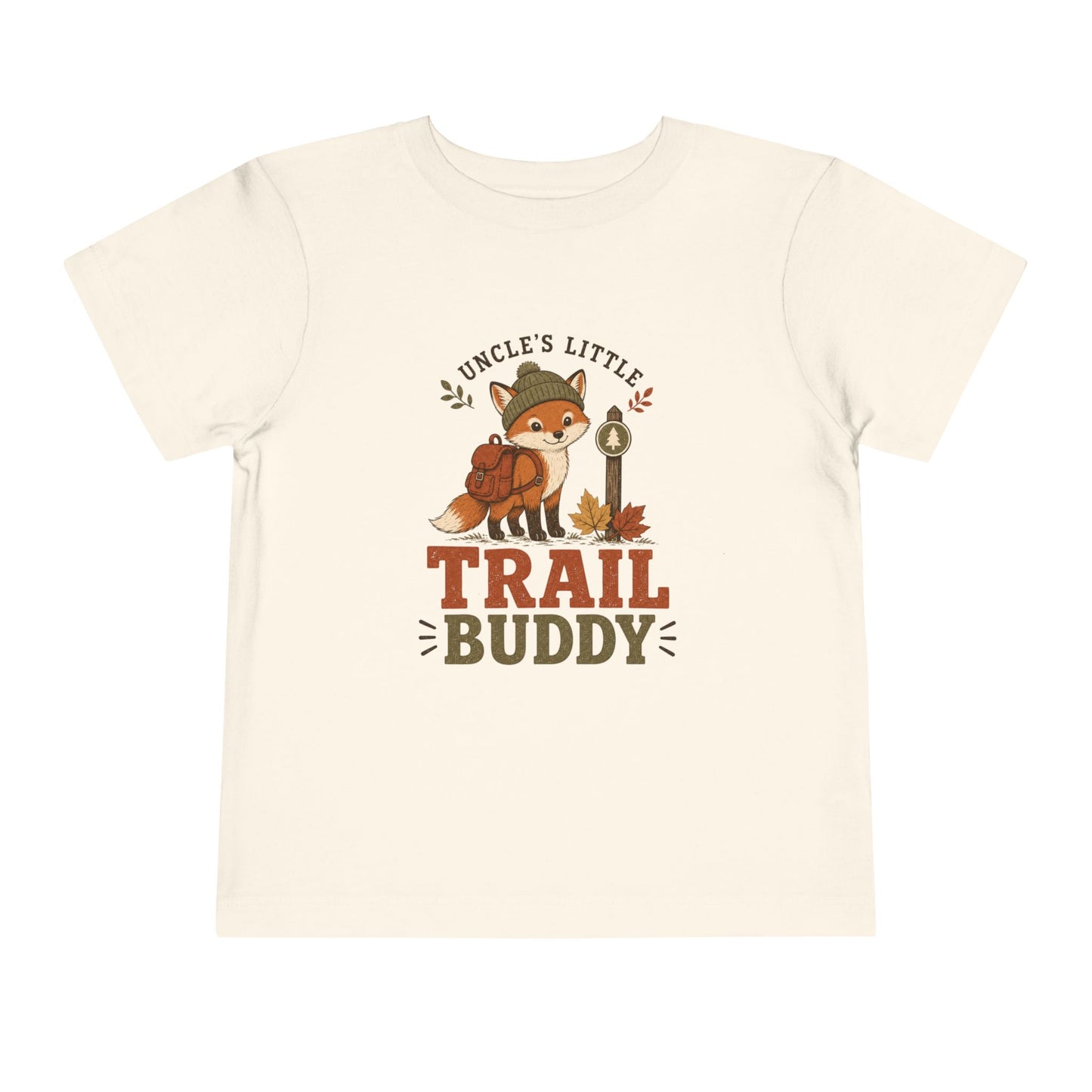 Natural Color toddler T-shirt featuring a backpack-wearing fox, autumn leaves, and the phrase “Uncle’s Little Trail Buddy.”