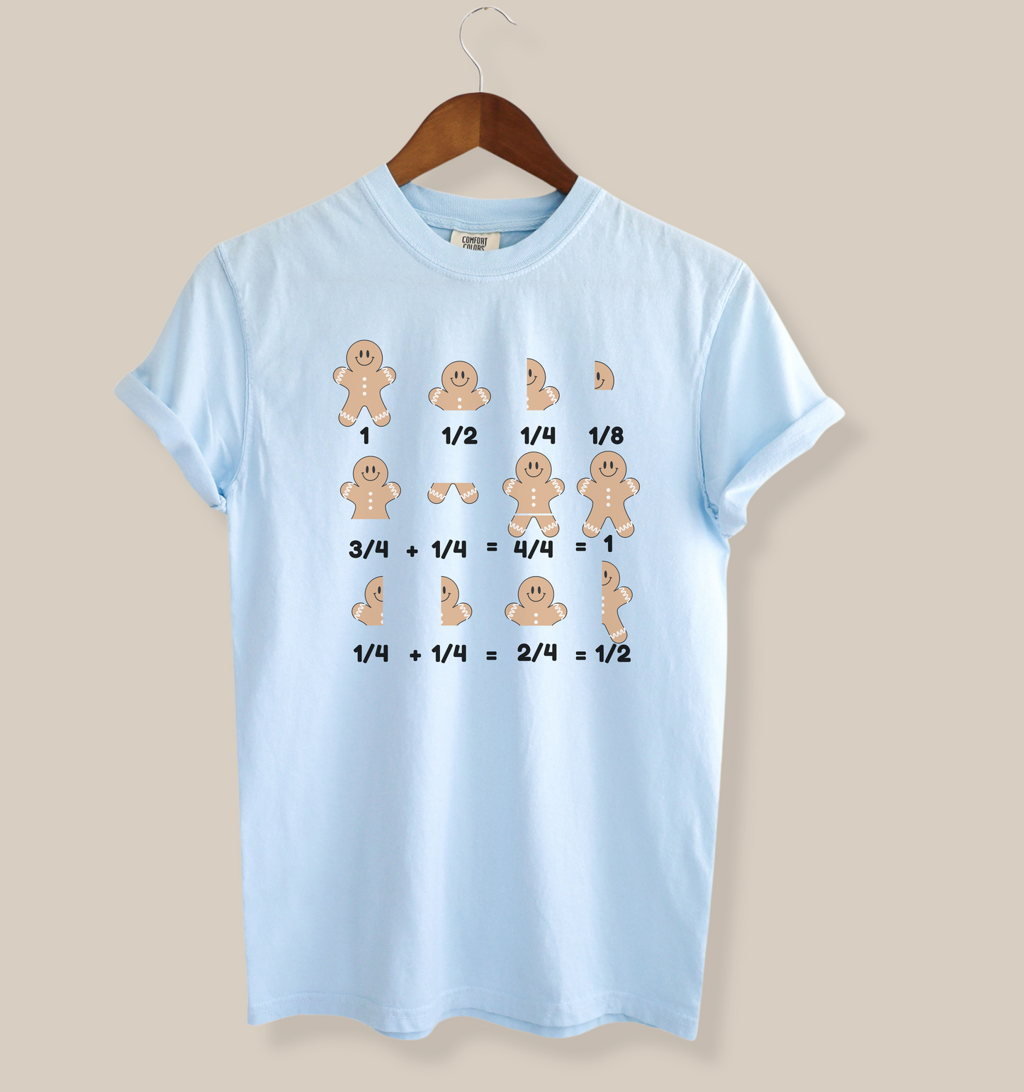 gingerbread math fraction shirt on light blue tee