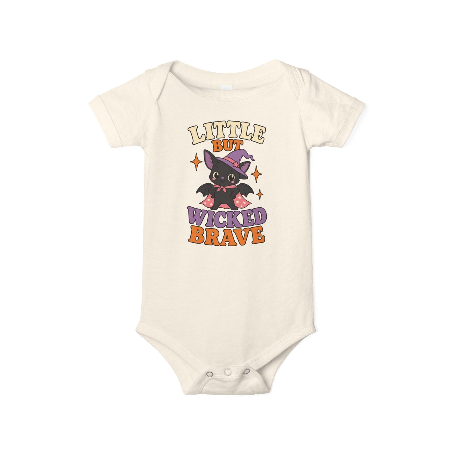 Natural baby one piece featuring a caped bat dressed as a witch, surrounded by sparkling orange stars and bold Halloween lettering.
