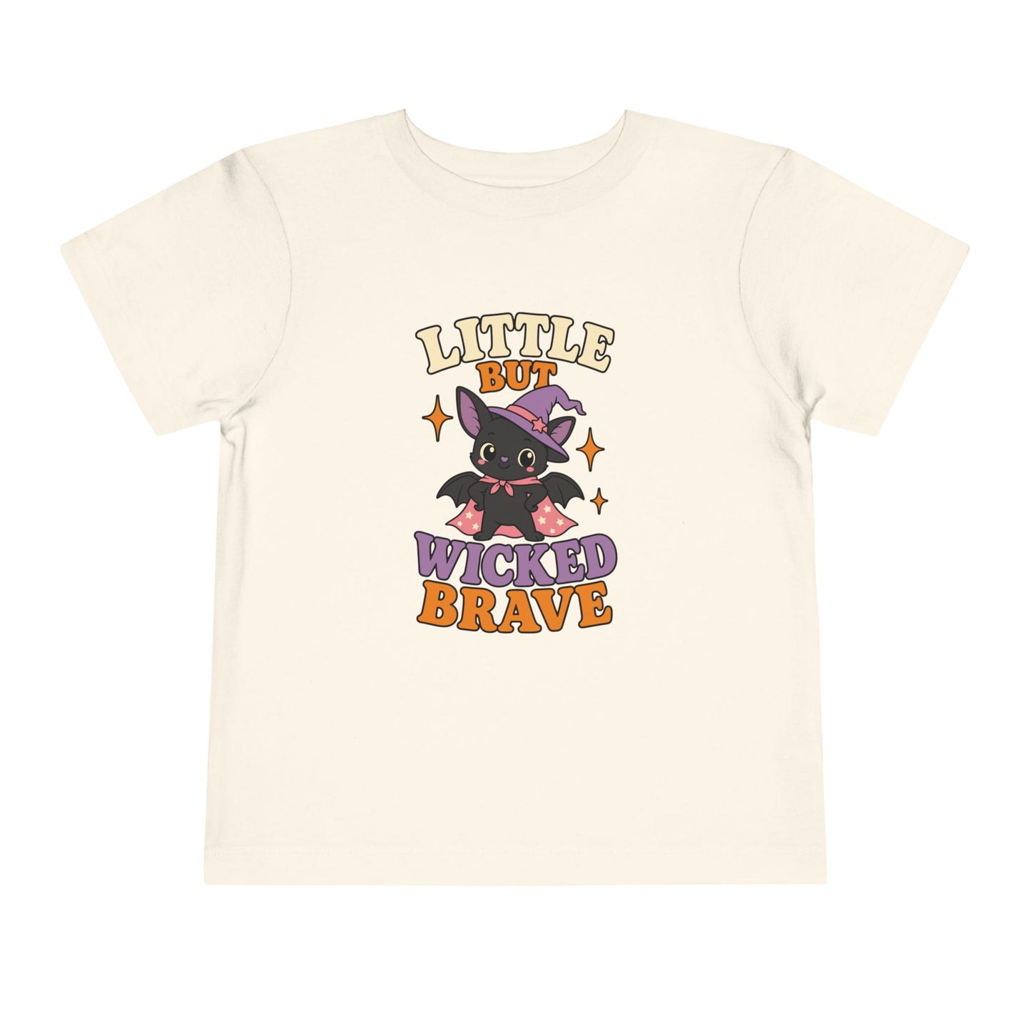 Natural toddler T-shirt featuring a caped black bat in a purple witch hat surrounded by sparkling orange stars.
