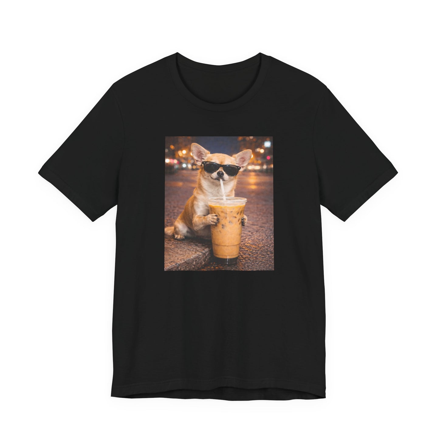 black graphic t-shirt featuring a chihuahua wearing sunglasses and drinking iced coffee while holding an iced coffee drink