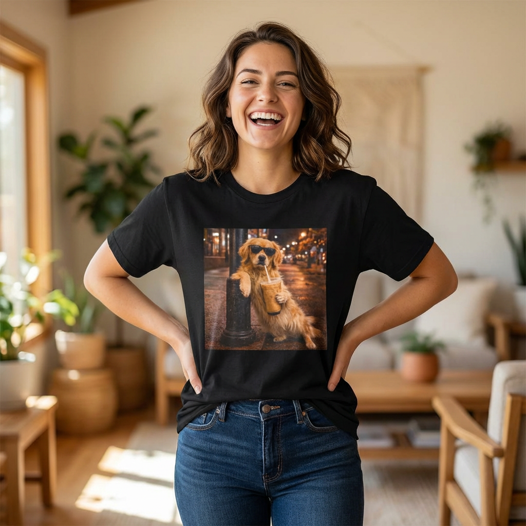 woman wearing black graphic tee featuring a golden retriever in sunglasses holding iced coffee in a cozy home setting