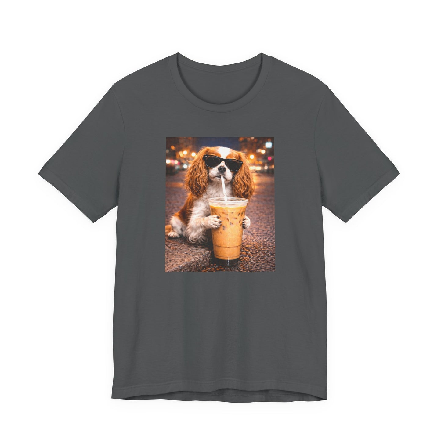 asphalt graphic t-shirt featuring a cavalier king charles spaniel in sunglasses holding an iced coffee on a city street background