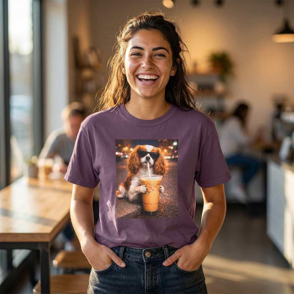 smiling woman wearing a berry purple graphic tee featuring a cavalier king charles spaniel in sunglasses drinking iced coffee in a cafe setting