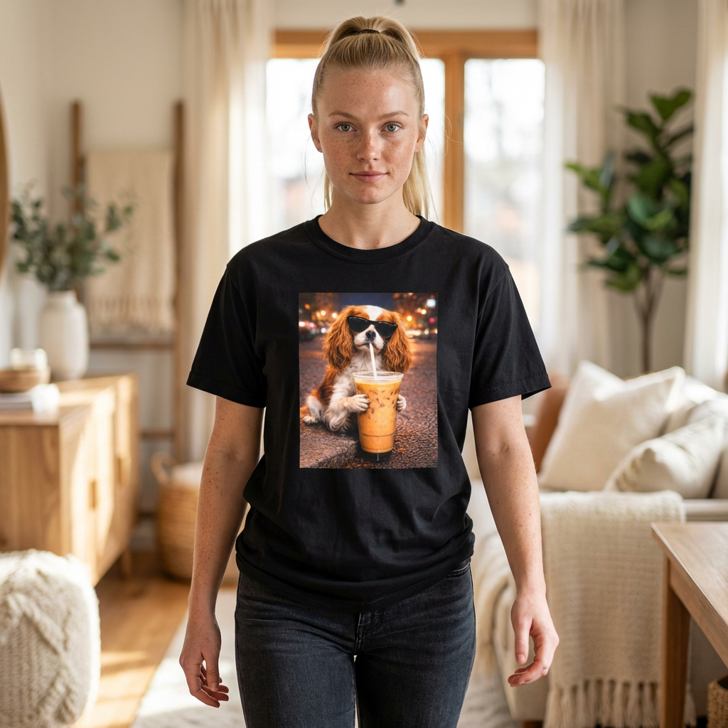 woman standing indoors wearing a black graphic tee featuring a cavalier king charles spaniel in sunglasses drinking iced coffee
