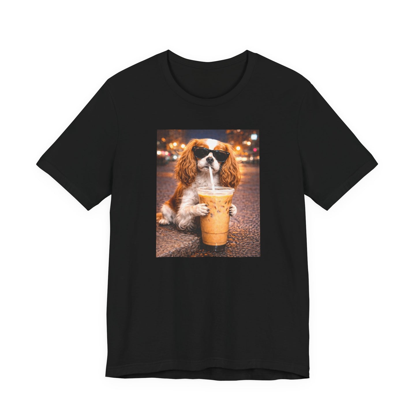 black graphic t-shirt featuring a cavalier king charles spaniel in sunglasses holding an iced coffee on a city street background