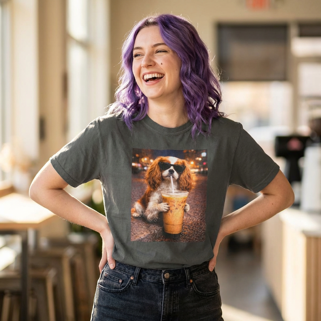 happy woman with purple hair wearing a pepper grey graphic tee featuring a cavalier king charles spaniel in sunglasses drinking iced coffee