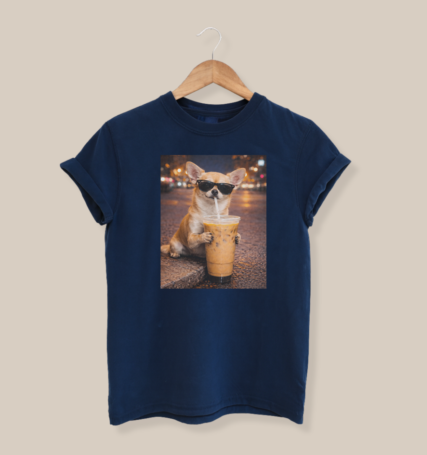navy graphic t-shirt with funny chihuahua wearing sunglasses and drinking iced coffee at night city scene