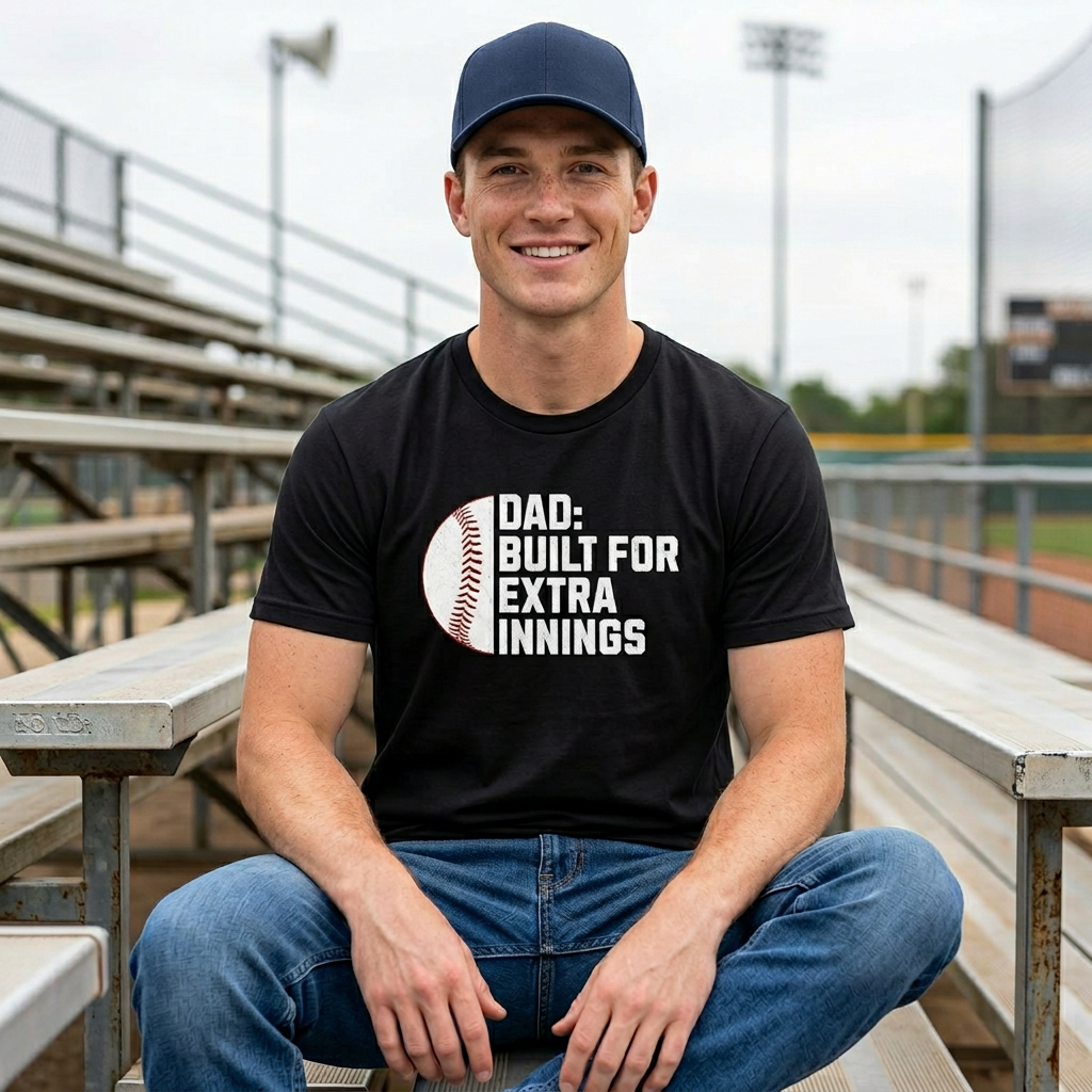 smiling man sitting on baseball bleachers wearing a black graphic t-shirt with dad built for extra innings baseball design and distressed white lettering