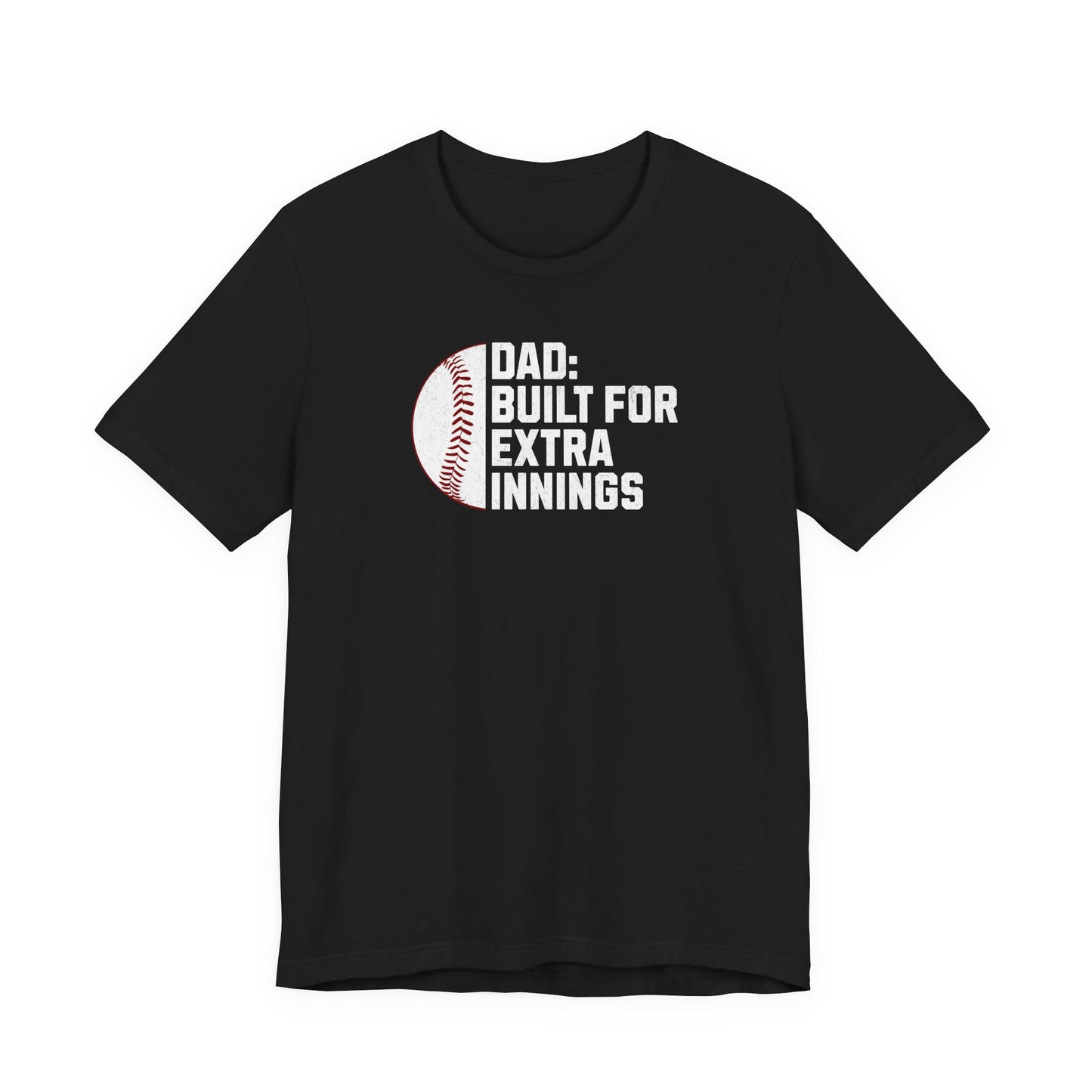 black graphic baseball shirt featuring dad built for extra innings text with distressed baseball artwork for fathers and baseball dads