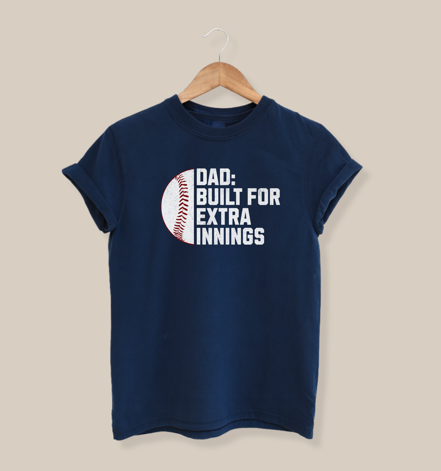navy blue graphic t-shirt featuring a baseball design and the phrase dad built for extra innings in distressed white lettering for baseball dads