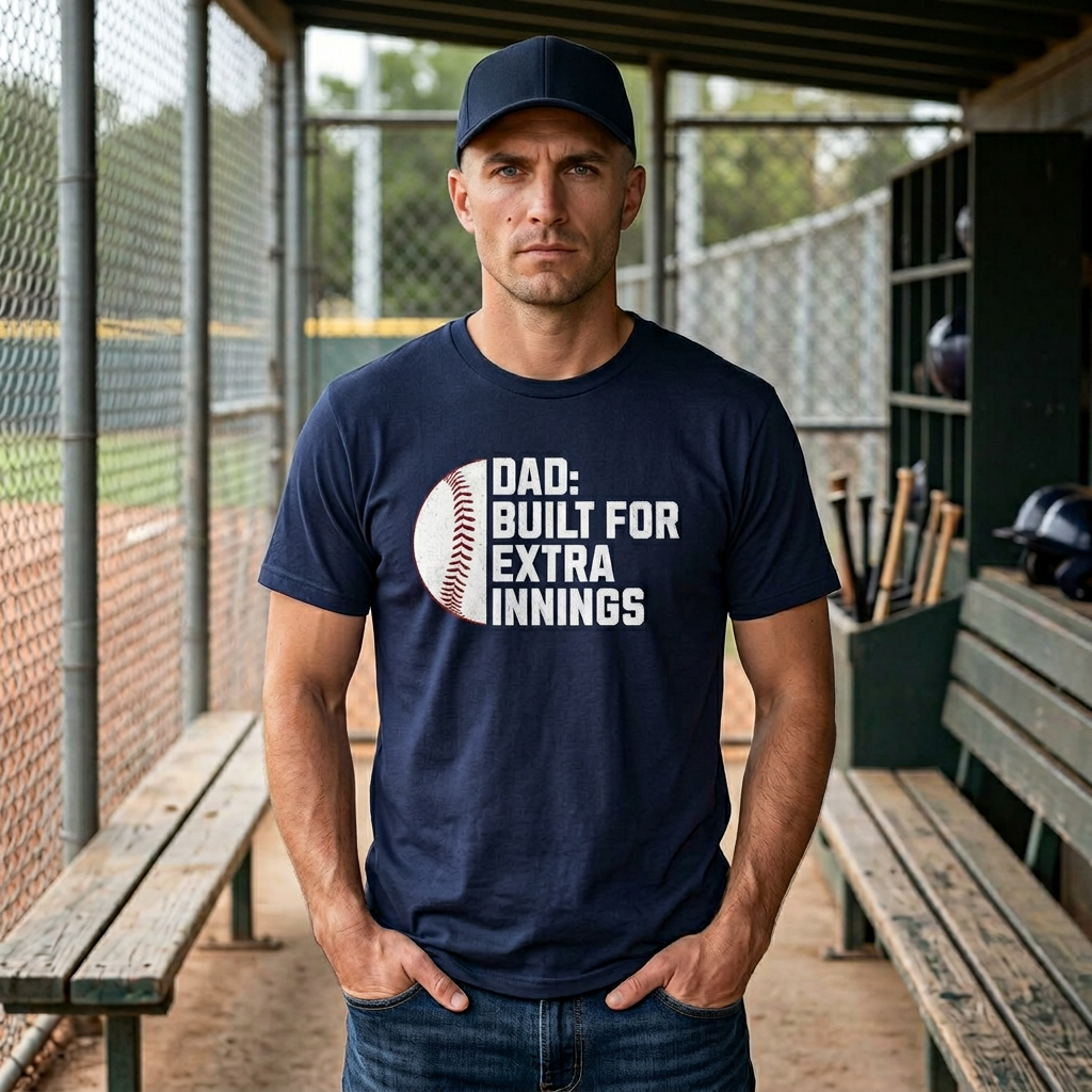 male model wearing navy blue dad built for extra innings baseball graphic tee in a baseball dugout with bats and field fencing in background