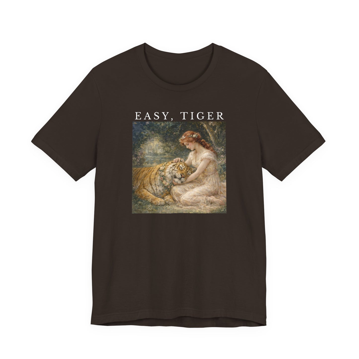 brown “Easy, Tiger” vintage tiger graphic t-shirt displayed on a clean neutral background