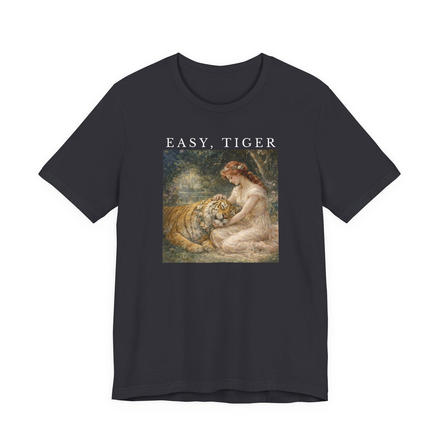 dark gray “Easy, Tiger” vintage tiger graphic t-shirt displayed on a clean neutral background