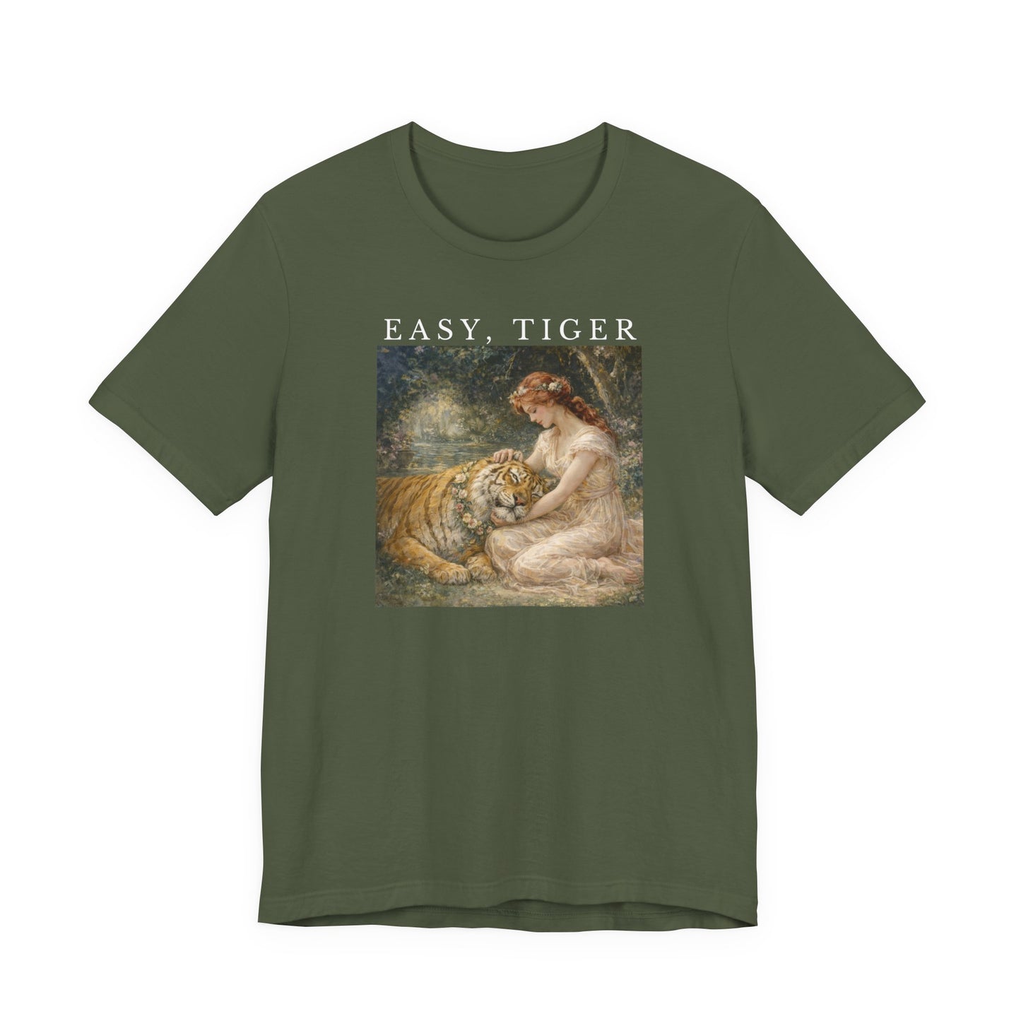 military green “Easy, Tiger” vintage tiger graphic t-shirt displayed on a clean neutral background
