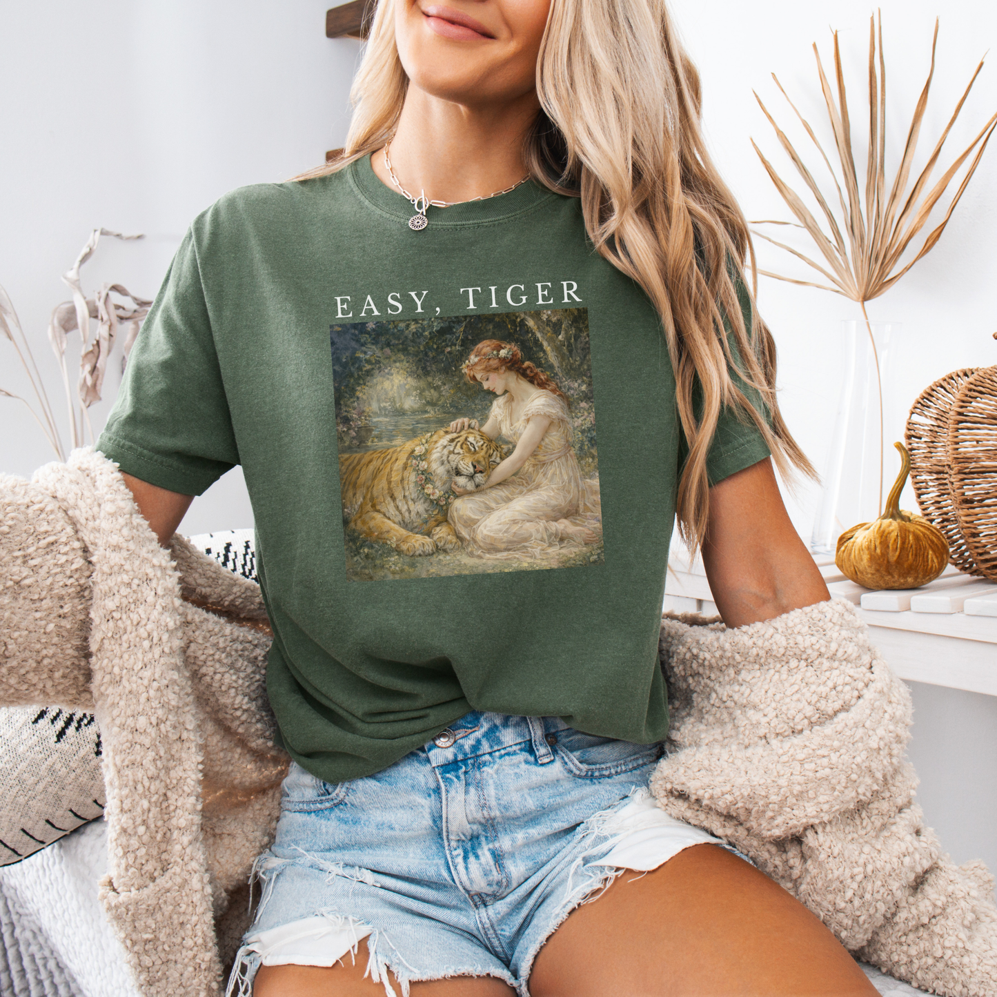 moss green “Easy, Tiger” graphic t-shirt outfit with vintage tiger design styled casually with denim and cozy cardigan