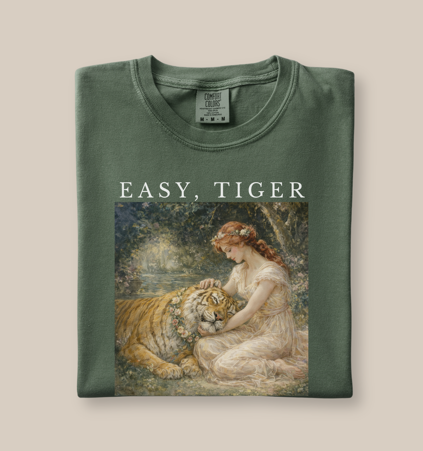 moss green “Easy, Tiger” graphic tee with classic vintage tiger illustration, aesthetic unisex shirt