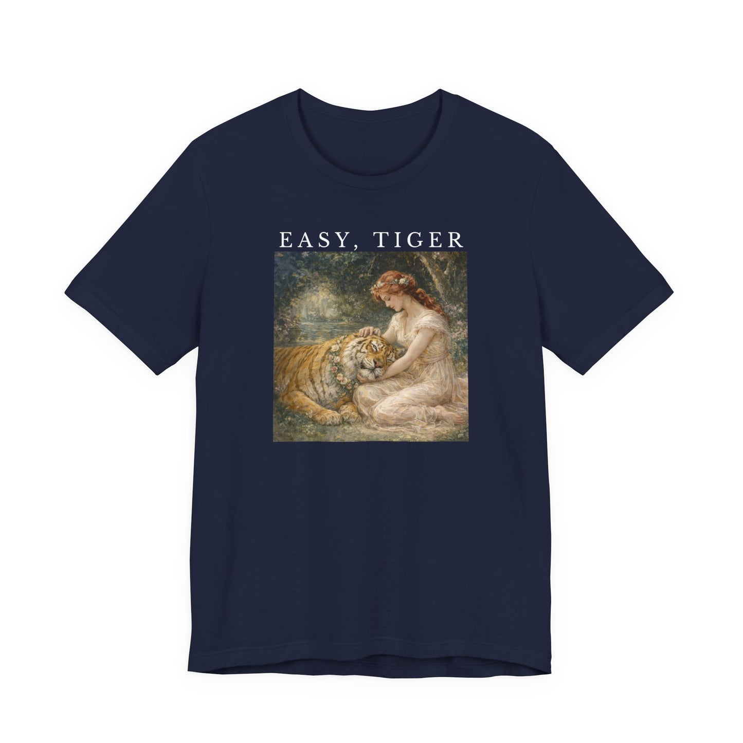 navy “Easy, Tiger” vintage tiger graphic t-shirt displayed on a clean neutral background