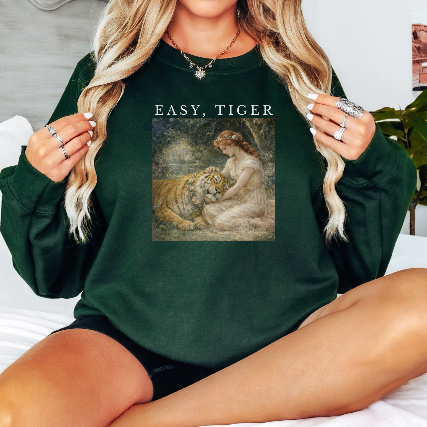 forest green “Easy, Tiger” vintage tiger graphic sweatshirt styled with casual cozy outfit and minimal accessories