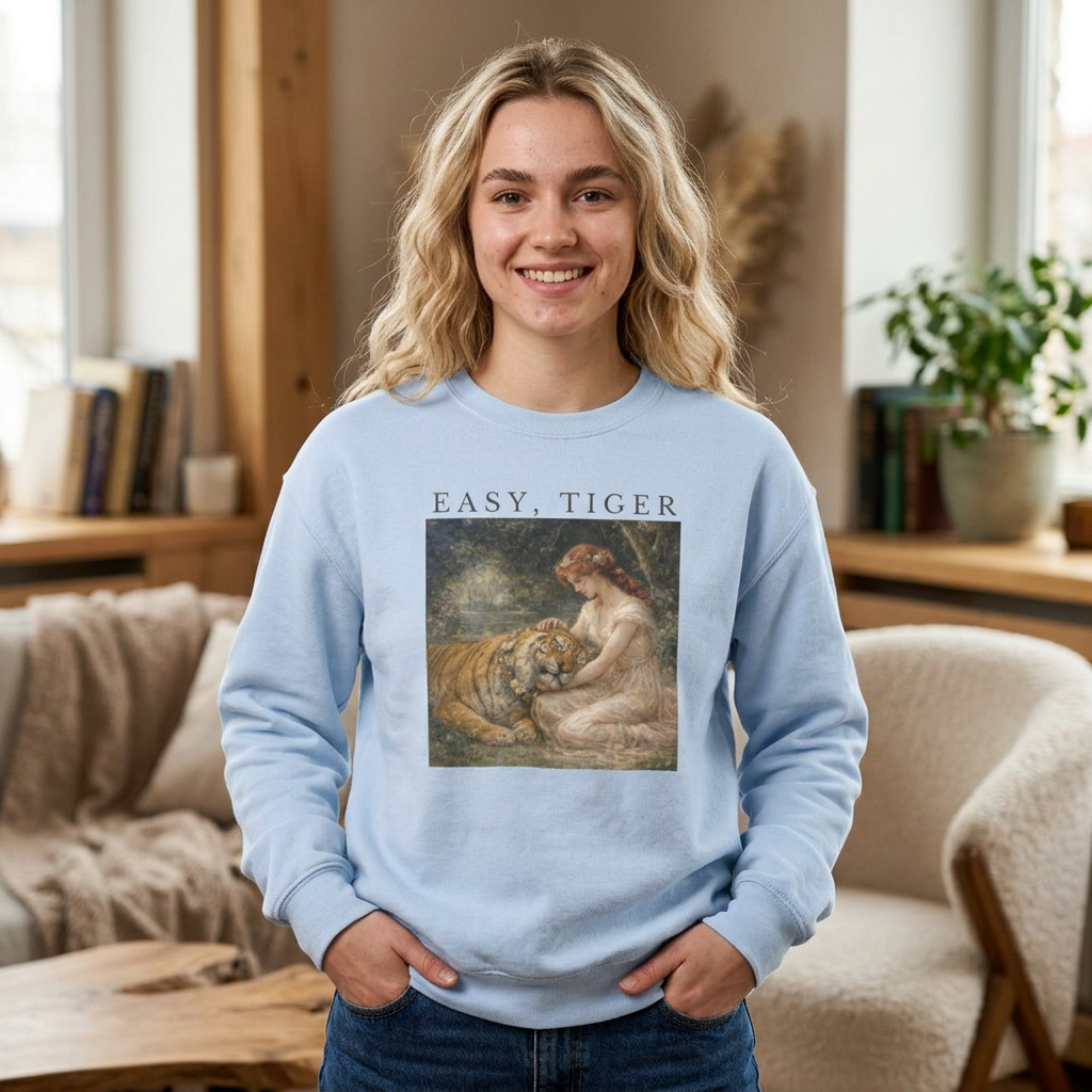 light blue “Easy, Tiger” vintage tiger graphic sweatshirt styled casually in a cozy living room setting
