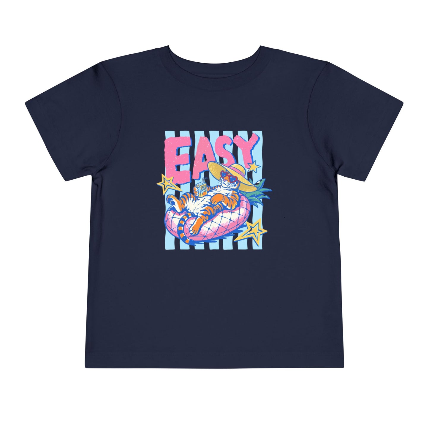 navy youth graphic t-shirt with retro easy tiger summer design showing relaxed tiger wearing sunglasses and sun hat on inflatable float