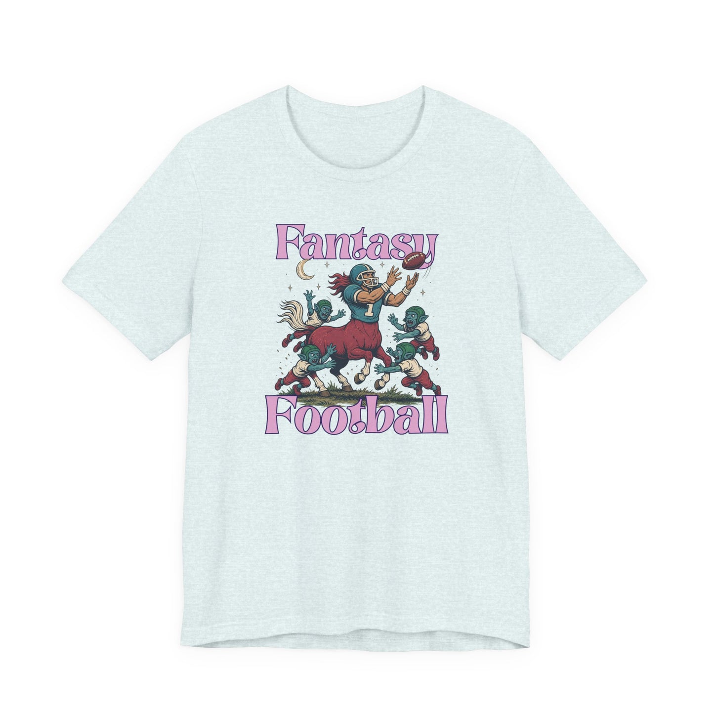 heather ice blue graphic tee featuring a fantasy football centaur catching a football while surrounded by goblin fantasy creatures in a whimsical sports-inspired design