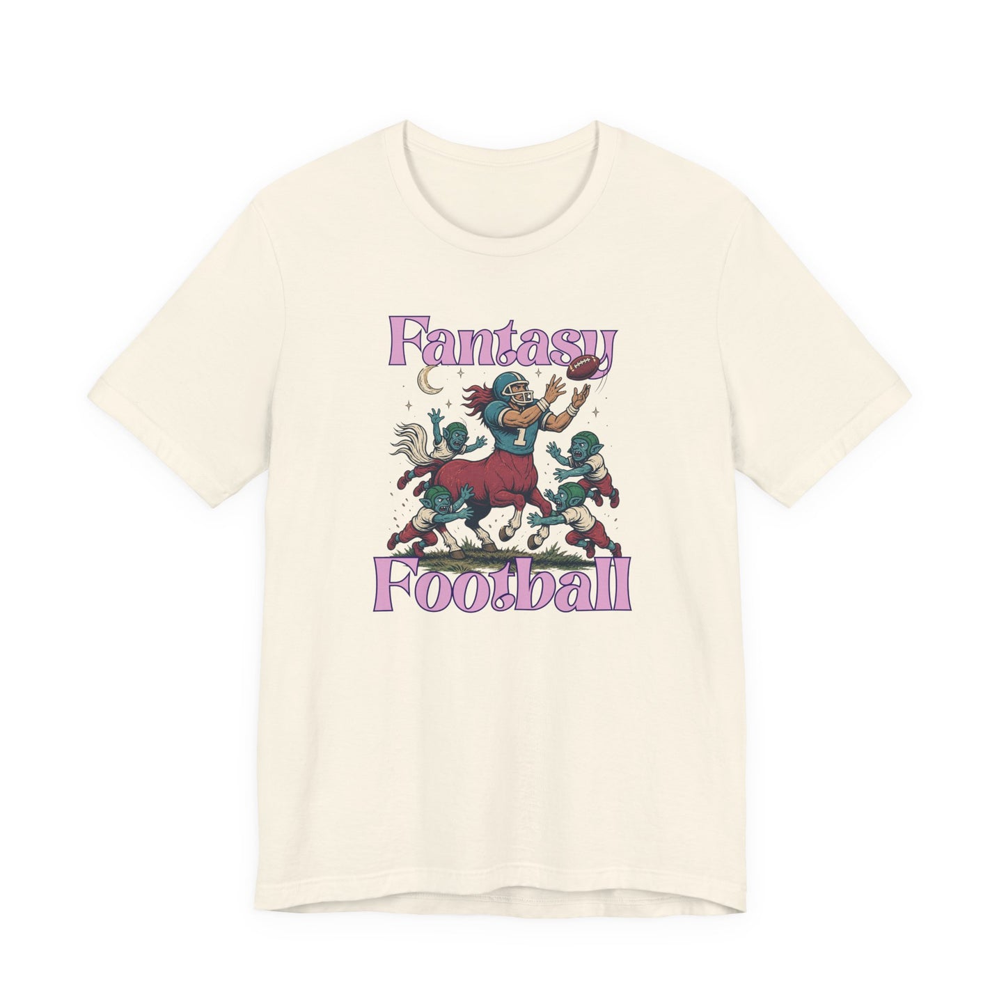 natural graphic tee featuring a fantasy football centaur catching a football while surrounded by goblin fantasy creatures in a whimsical sports-inspired design