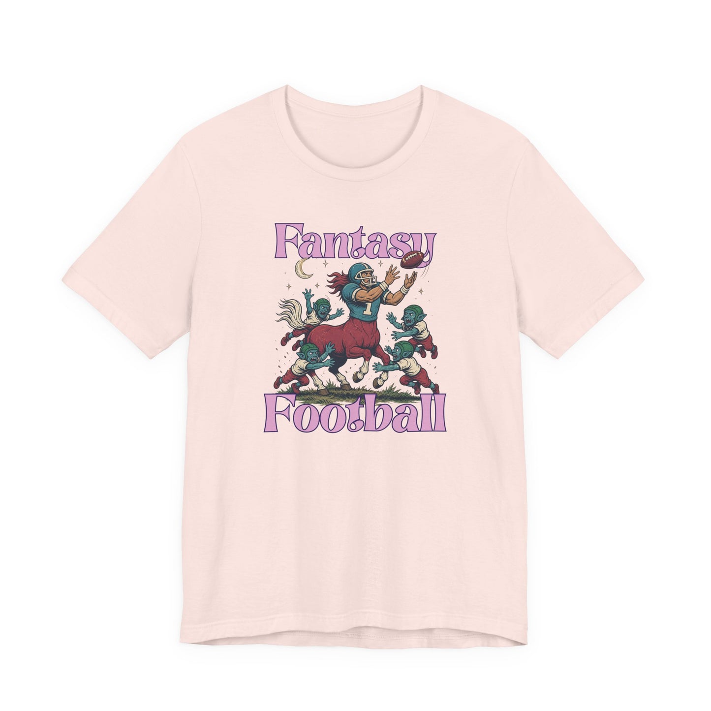 soft pink graphic tee featuring a fantasy football centaur catching a football while surrounded by goblin fantasy creatures in a whimsical sports-inspired design