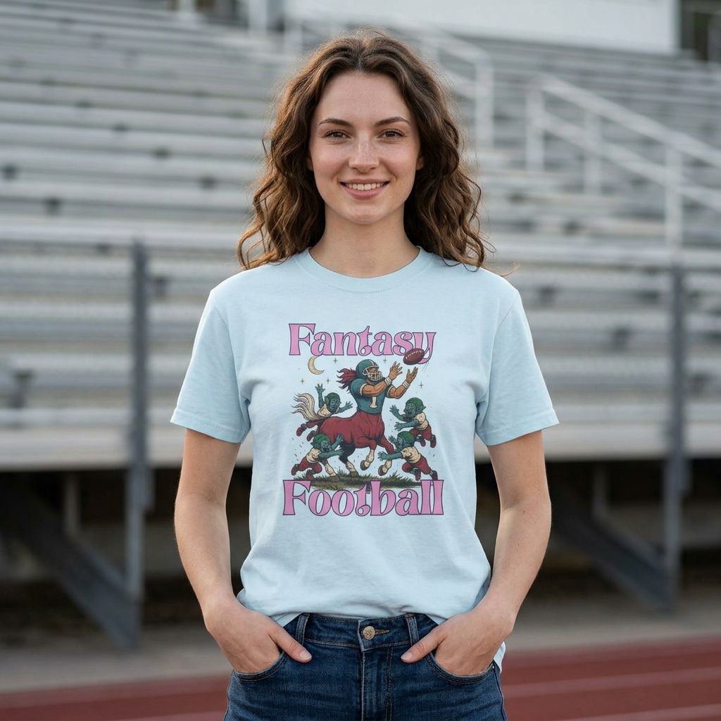 woman modeling a chambray blue fantasy football graphic tee featuring a centaur football player and goblin creatures in a whimsical fantasy sports design near stadium bleachers