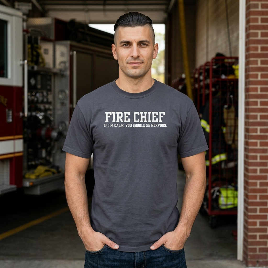 man wearing dark grey t-shirt with “Fire Chief If I’m Calm You Should Be Nervous” text standing inside fire station